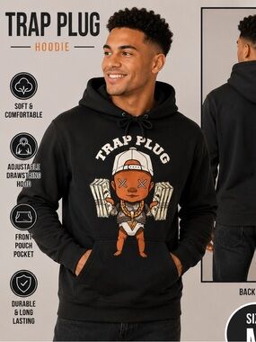 Hand Crafted Black Trap Plug Graphic Hoodie MEDIUM